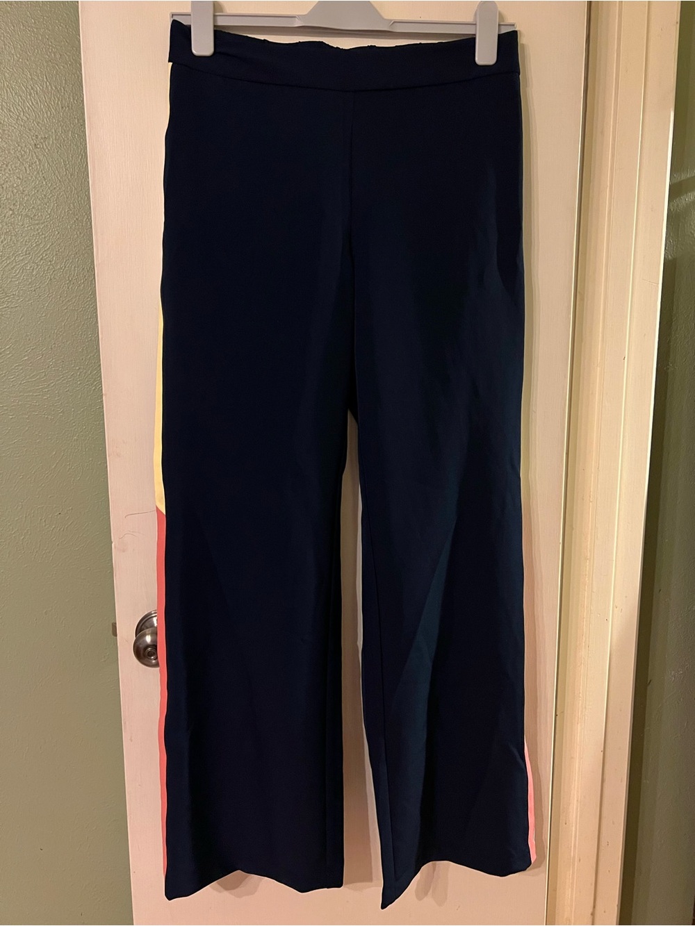 NWT $180 Navy Ecru Pants Women’s Sz Large Side Tux Stripe Pull On Knit Trousers
